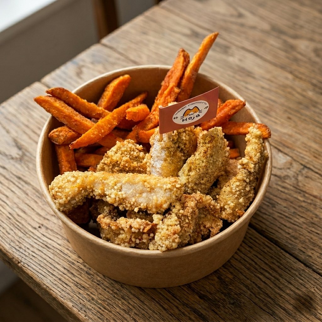 Knuspriges taiwanesisches Fried Chicken mit Süßkartoffel-Pommes im HOJA-Becher mit Fähnchen