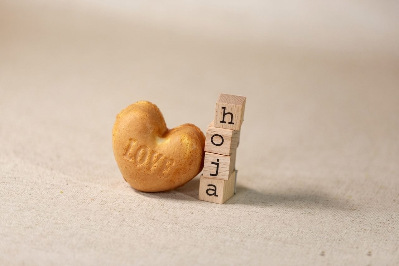 HOJA Ji Dan Gao, herzförmiger taiwanesischer Eierkuchen mit LOVE-Prägung neben hoja-Holzbuchstaben