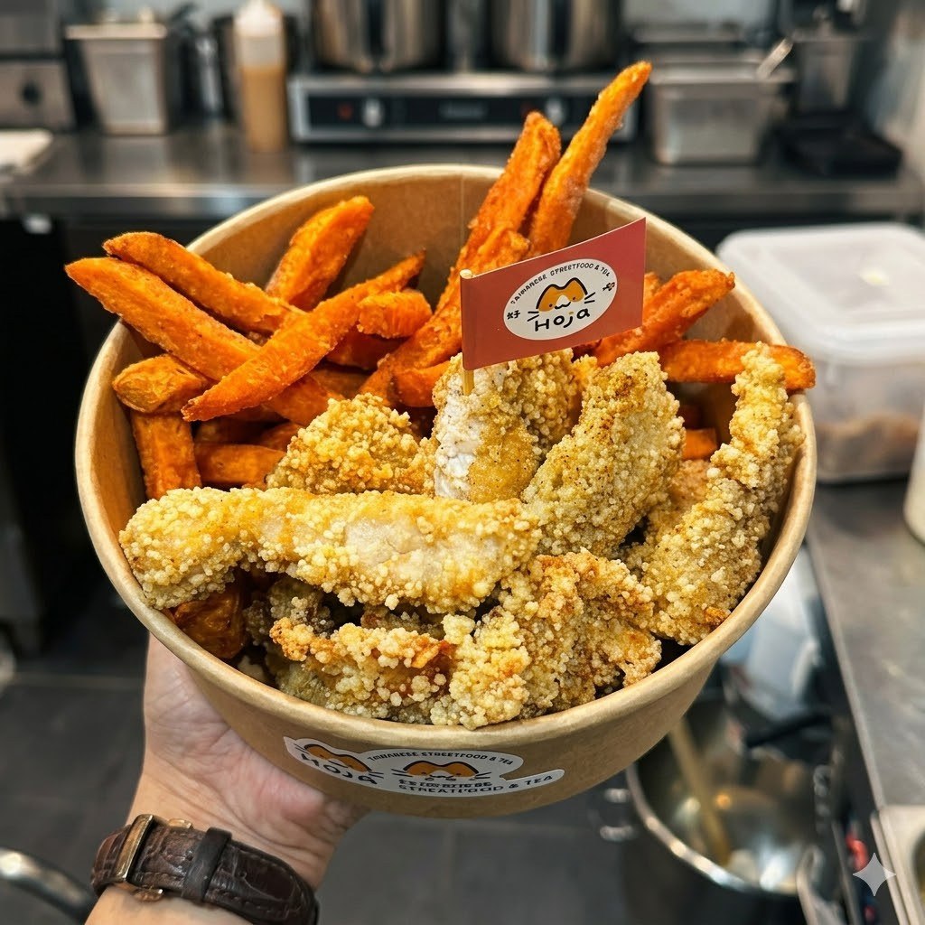 Knuspriges taiwanesisches Fried Chicken im Hoja-Becher mit Süßkartoffel-Pommes